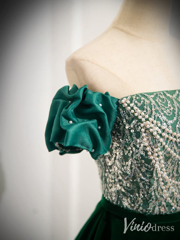Green Sequin Lace Puffed Sleeve Prom Dresses Velvet Off the Shoulder 90069-prom dresses 2025 -Viniodress-Green-Custom Size-
