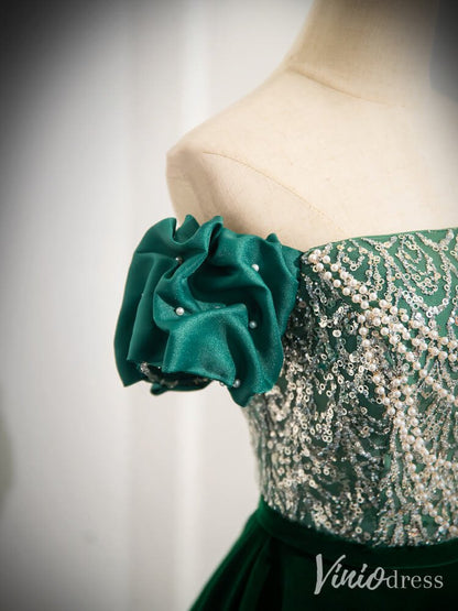 Green Sequin Lace Puffed Sleeve Prom Dresses Velvet Off the Shoulder 90069-prom dresses 2025 -Viniodress-Green-Custom Size-