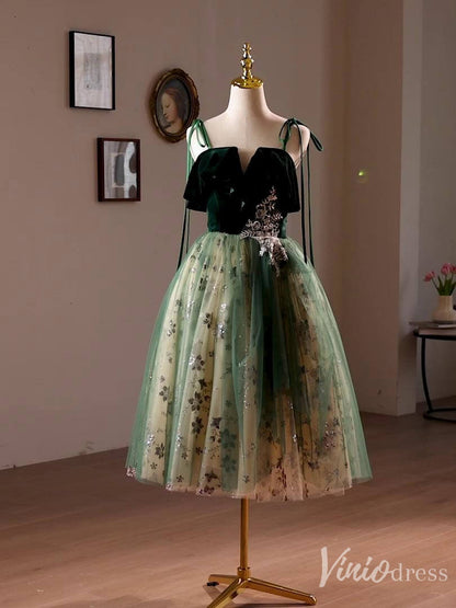 Green Sparkly Lace Homecoming Dress Velvet Spaghetti Strap Graduation Dress 8016-prom dresses 2025 -Viniodress-Green-Custom Size-