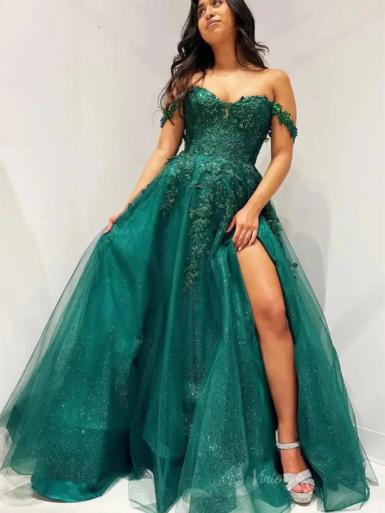 Green Sparkly Tulle Prom Dresses with Slit Off the Shoulder Formal Dre – Viniodress