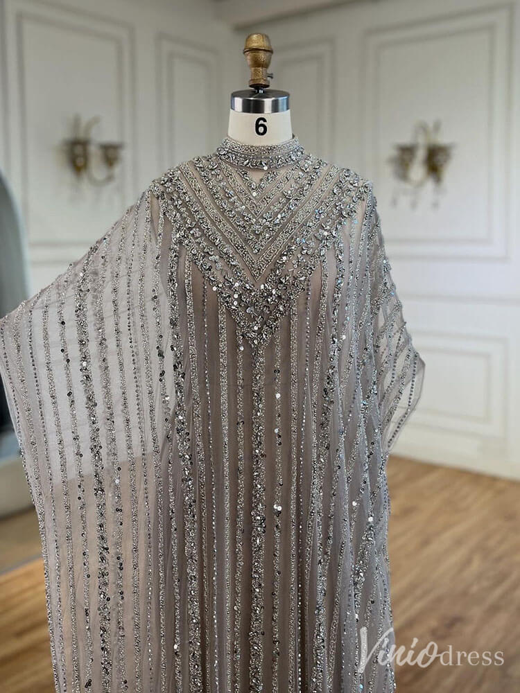 Grey Beaded Cape Sleeve Evening Dress Sheath High Neck Mother of the Bride Dress 20226-Evening Dresses 2025 -Viniodress-Grey-US 2-