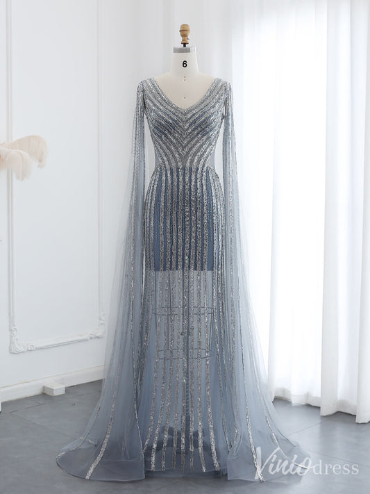 Grey Beaded Extra Long Sleeve Prom Dresses Sheer V-Neck Pageant Dress 20238-Evening Dresses 2025 -Viniodress-Grey-US 2-