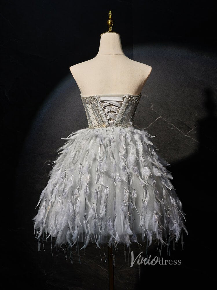 Grey Beaded Feather Homecoming Dresses Sheer Bodice Short Formal Dress BJ021-prom dresses 2025 -Viniodress-Grey-Custom Size-