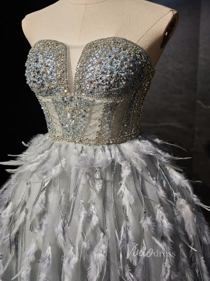 Grey Beaded Feather Homecoming Dresses Sheer Bodice Short Formal Dress BJ021-prom dresses 2025 -Viniodress-Grey-Custom Size-