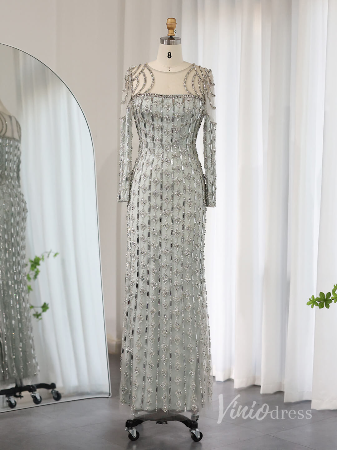 Grey Beaded Mermaid Prom Dresses Long Sleeve Boat Neck Pageant Dress AD1191-Evening Dresses 2025 -Viniodress-Grey-US 2-