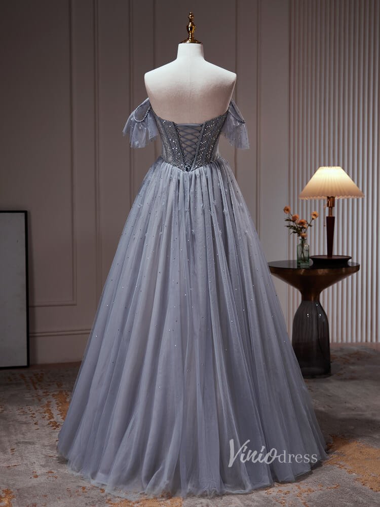 Grey Beaded Off the Shoulder Prom Dresses Sheer Boned Bodice Corset Back BJ029L-prom dresses 2025 -Viniodress-Grey-Custom Size-