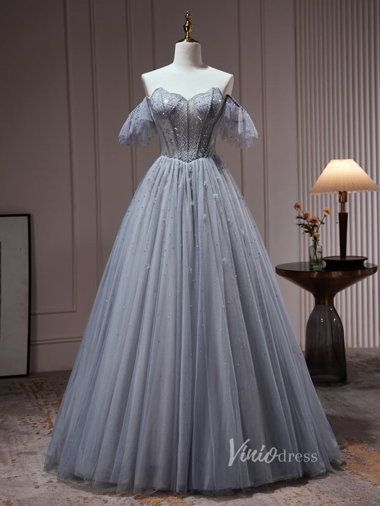Grey Beaded Off the Shoulder Prom Dresses Sheer Boned Bodice Corset Back BJ029L-prom dresses 2025 -Viniodress-Grey-Custom Size-