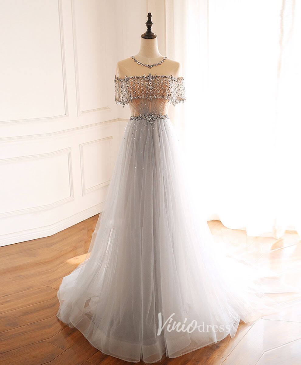 Grey Beaded Prom Dresses Short Sleeve Boat Neck Evening Dress FD3160-prom dresses 2025 -Viniodress-Grey-Custom Size-