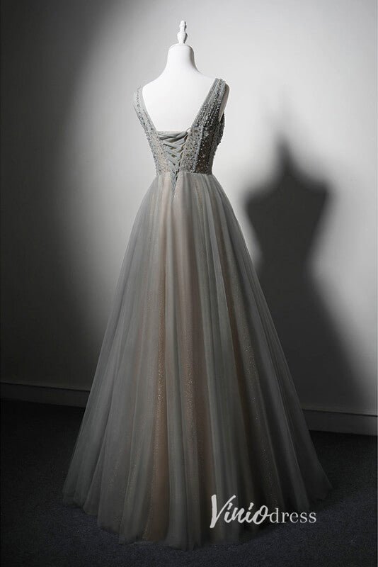 Grey Beaded Prom Dresses V-Neck Evening Dress AD1012-prom dresses 2025 -Viniodress-Grey-Custom Size-