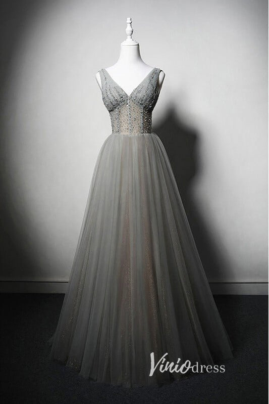 Grey Beaded Prom Dresses V-Neck Evening Dress AD1012-prom dresses 2025 -Viniodress-Grey-Custom Size-