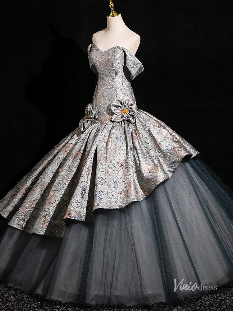 Grey Floral Tiered Off the Shoulder Prom Ball Gown Tiered Quinceanera Dresses BG002-prom dresses 2025 -Viniodress-Grey-Custom Size-