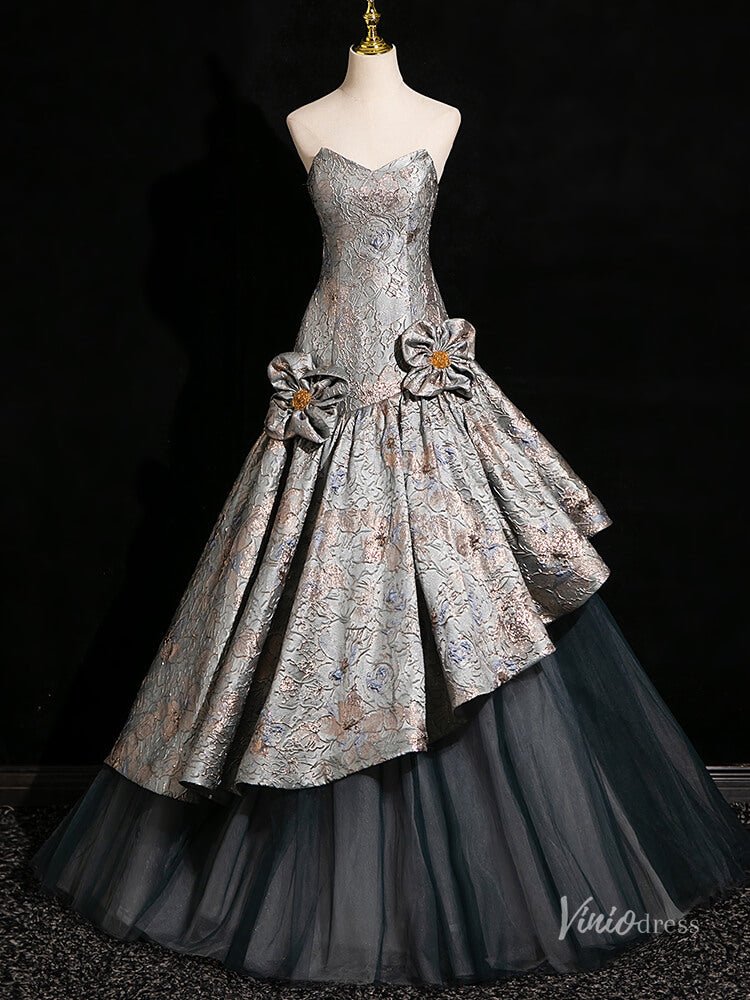 Grey Floral Tiered Off the Shoulder Prom Ball Gown Tiered Quinceanera Dresses BG002-prom dresses 2025 -Viniodress-Grey-Custom Size-