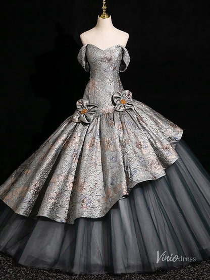 Grey Floral Tiered Off the Shoulder Prom Ball Gown Tiered Quinceanera Dresses BG002-prom dresses 2025 -Viniodress-Grey-Custom Size-