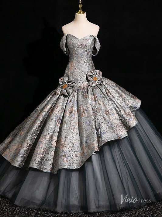 Grey Floral Tiered Off the Shoulder Prom Ball Gown Tiered Quinceanera Dresses BG002-prom dresses 2025 -Viniodress-Grey-Custom Size-