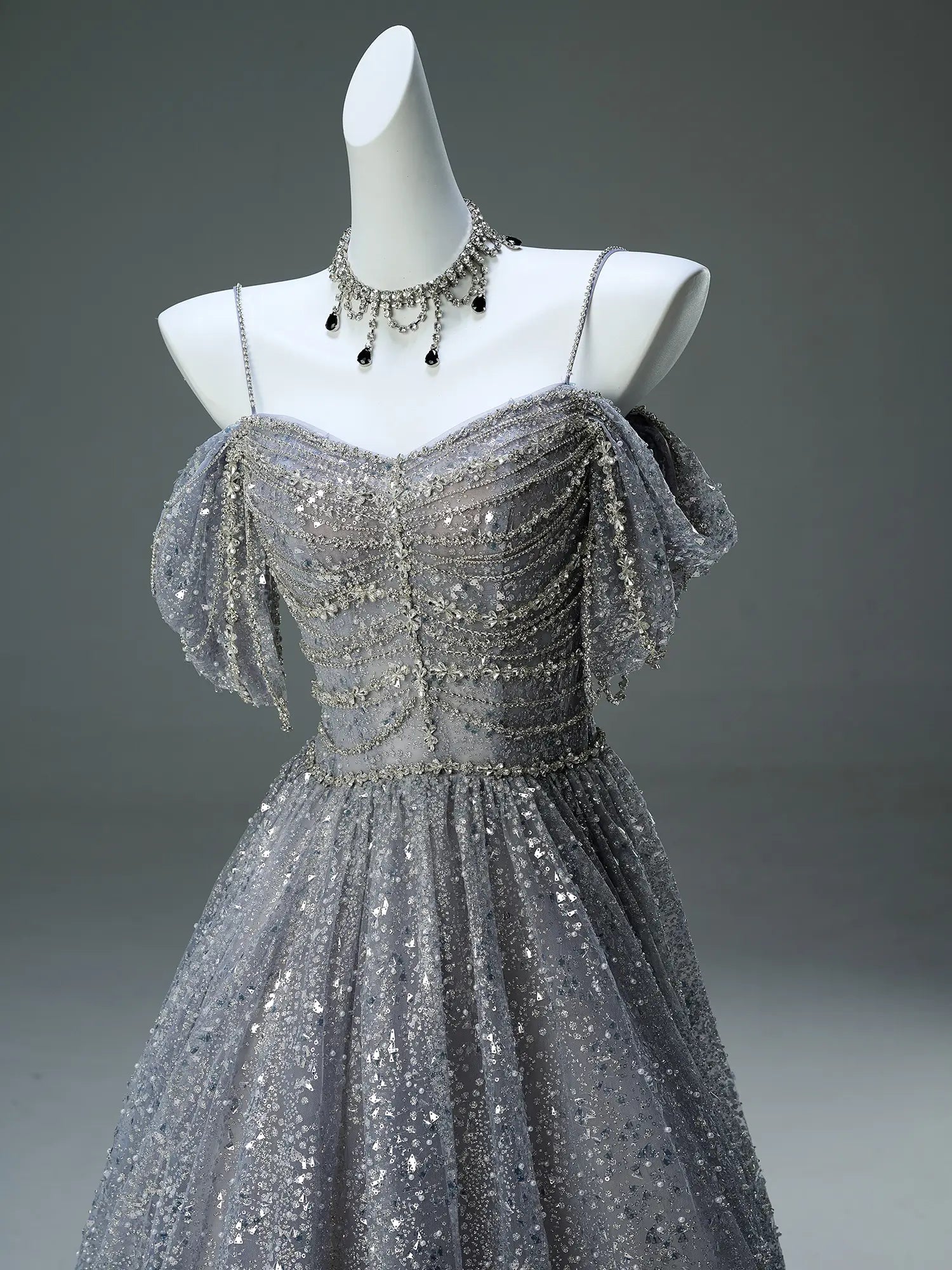Grey Off the Shoulder Formal Dress with Sparkly Tulle, Rhinestone & Spaghetti Straps - CQ0130-Couture Gown 2025 -Viniodress-Grey-Custom Size-