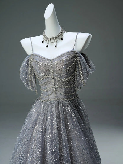 Grey Off the Shoulder Formal Dress with Sparkly Tulle, Rhinestone & Spaghetti Straps - CQ0130-Couture Gown 2025 -Viniodress-Grey-Custom Size-