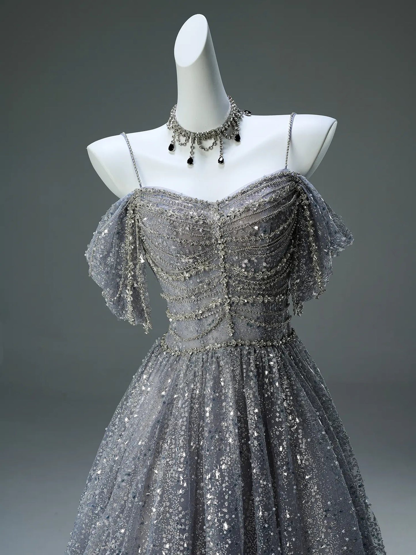 Grey Off the Shoulder Formal Dress with Sparkly Tulle, Rhinestone & Spaghetti Straps - CQ0130-Couture Gown 2025 -Viniodress-Grey-Custom Size-