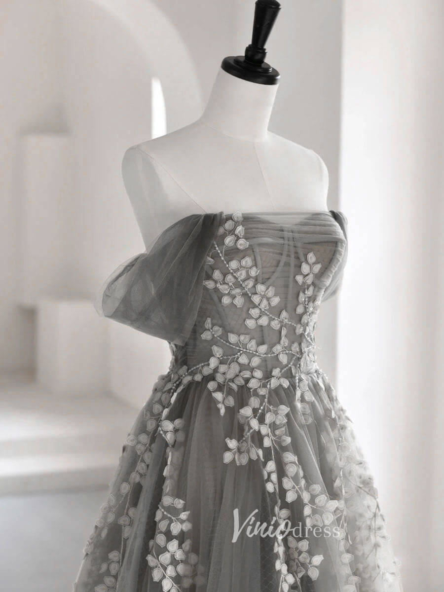 Grey Off the Shoulder Prom Dresses Lace Up Back Evening Dress FD3175-prom dresses 2025 -Viniodress-Grey-Custom Size-