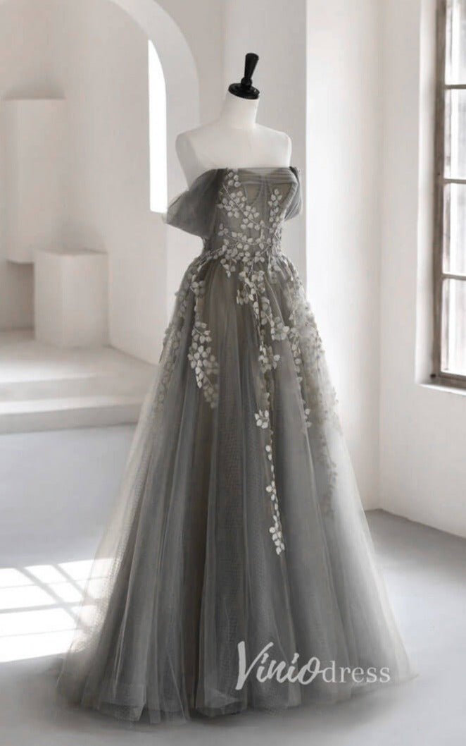 Grey Off the Shoulder Prom Dresses Lace Up Back Evening Dress FD3175-prom dresses 2025 -Viniodress-Grey-Custom Size-