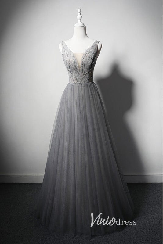 Grey Shimmering Formal Dresses Plunging V-Neck Evening Dress AD1026-prom dresses 2025 -Viniodress-Grey-Custom Size-