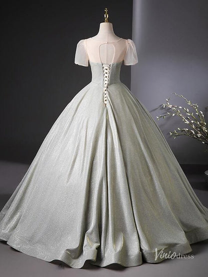 Grey Sparkle Prom Dresses with Puffed Sleeves Quinceanera Dresses BG040-prom dresses 2025 -Viniodress-Grey-Custom Size-