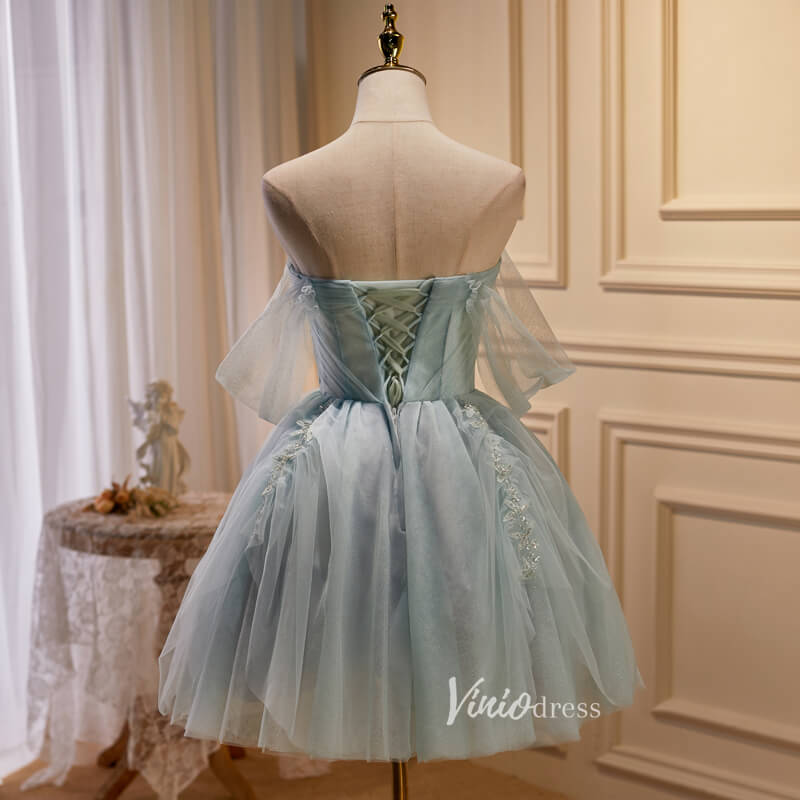 Grey Sparkly Tulle Homecoming Dresses Off the Shoulder Short Prom Dress SD1583-prom dresses 2025 -Viniodress-Grey-Custom Size-