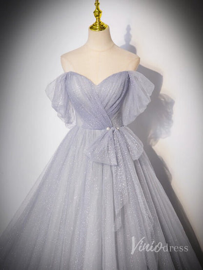 Grey Sparkly Tulle Off the Shoulder Prom Dresses Pleated Bodice Bow Tie 90042-prom dresses 2025 -Viniodress-Grey-Custom Size-