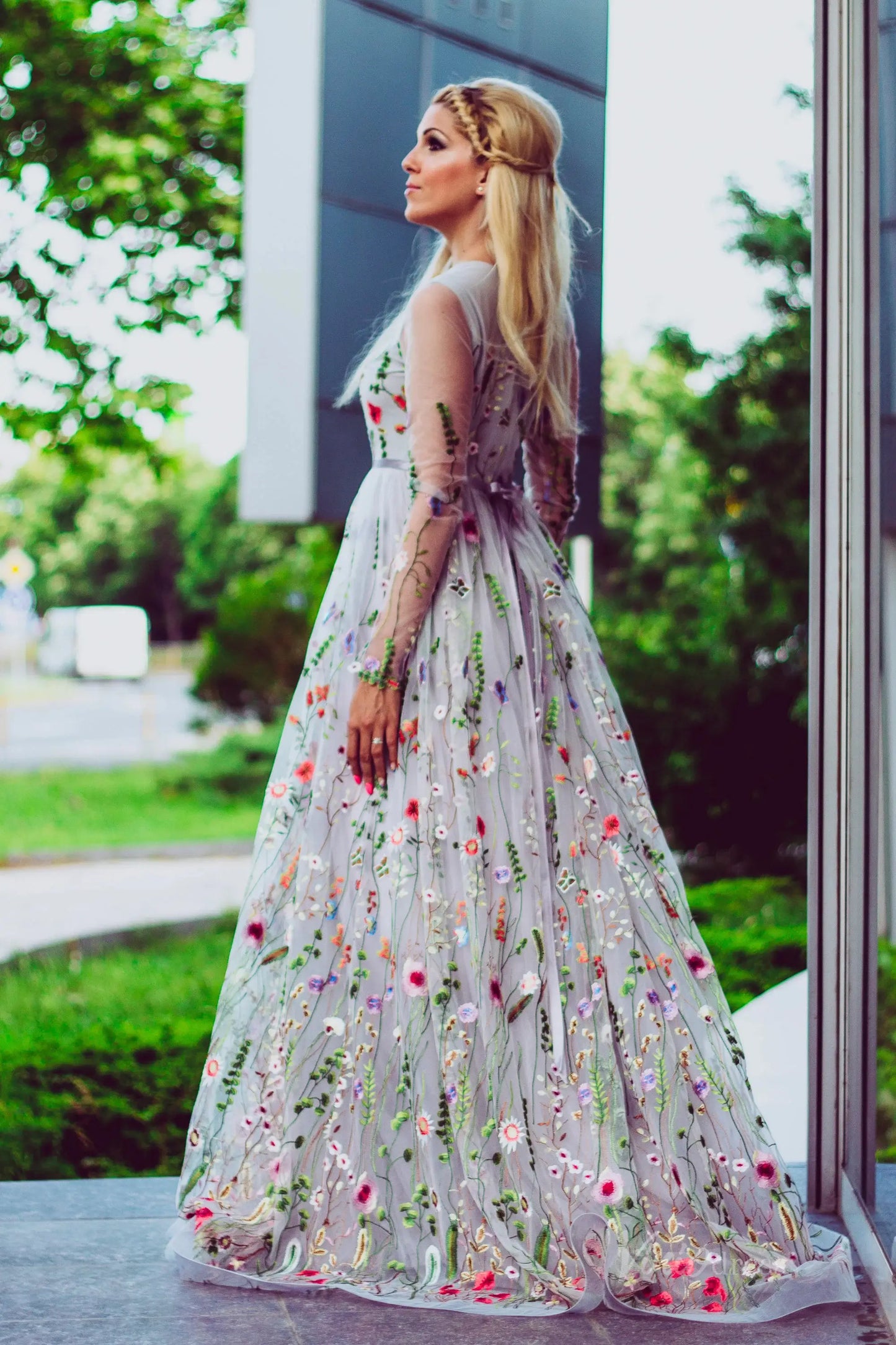 Grey Whimsical Wildflower Wedding Dress Long Sleeves, Round Neck & Ribbon Sash FW109-wedding dresses 2025 -Viniodress-Grey-Custom Size-