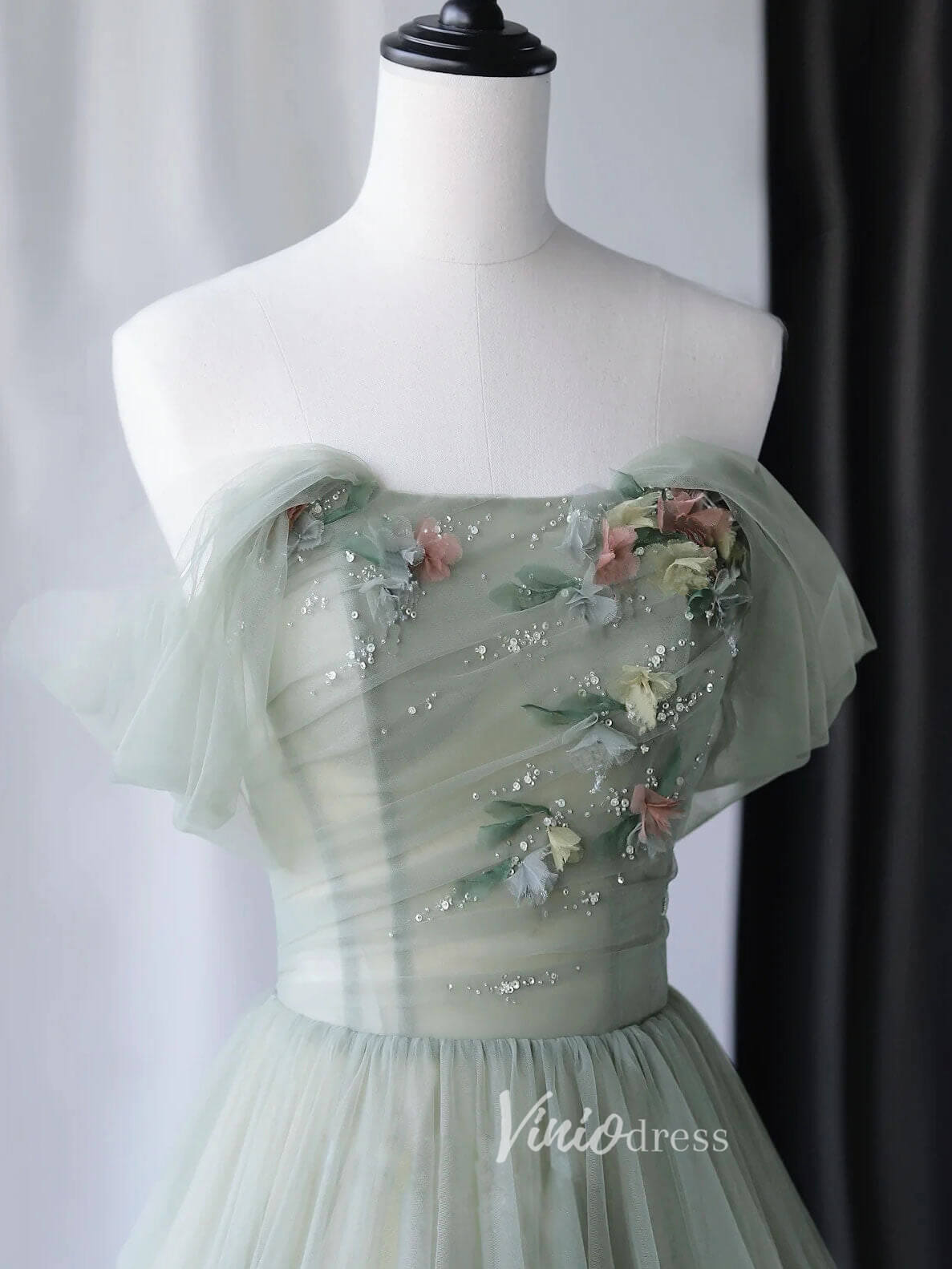Greyish Green Tulle Prom Dresses Off the Shoulder Evening Dress FD3185-prom dresses 2025 -Viniodress-Greyish Green-Custom Size-