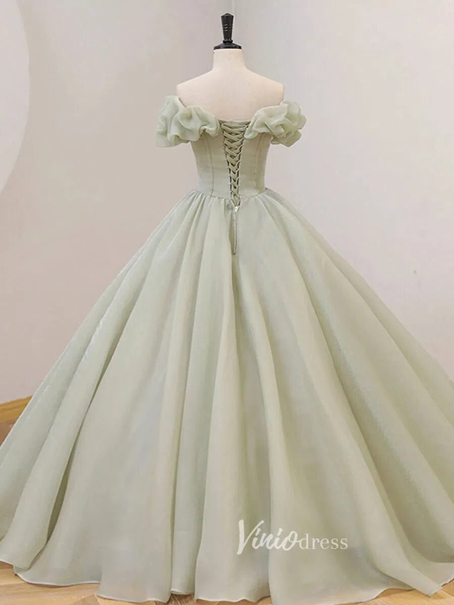 Greyish Sage Green Prom Dresses Off the Shoulder Ball Gown FD3120-prom dresses 2025 -Viniodress-Sage-Custom Size-