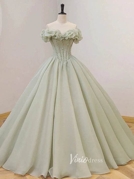 Greyish Sage Green Prom Dresses Off the Shoulder Ball Gown FD3120-prom dresses 2025 -Viniodress-Sage-Custom Size-