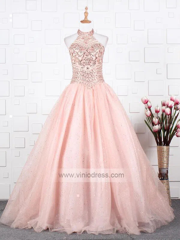 Halter Beaded Blush Pink Quinceañera Dresses FD1430-prom dresses-Viniodress-Blush Pink-Custom Size-Viniodress