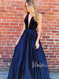 Halter Deep V Neck Navy Blue Long Prom Dresses FD1363-prom dresses-Viniodress-Navy Blue-US 2-Viniodress