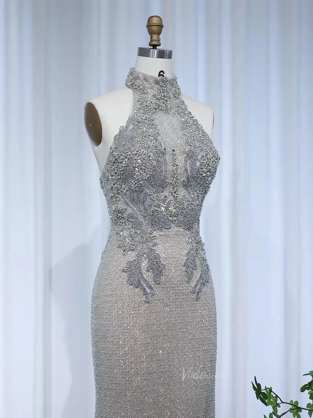 Halter Silver Prom Dresses Sparkly Beaded Formal Dresses High Neck BD0 – Viniodress