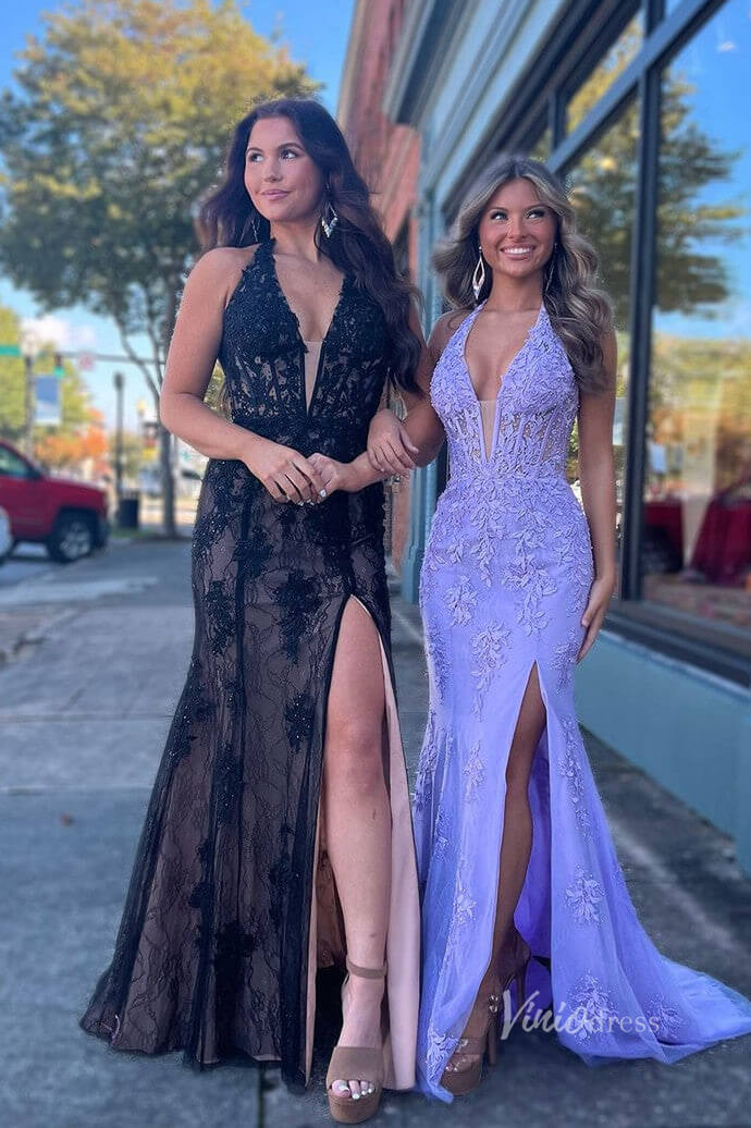 Halter V-neck Sheath Lace Prom Dresses Long with Slit FD1250N-prom dresses 2025 -Viniodress-Hot Pink-Custom Size-