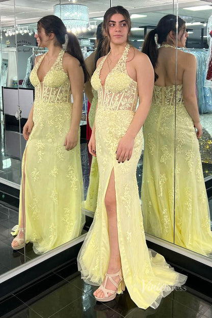 Halter V-neck Sheath Lace Prom Dresses Long with Slit FD1250N-prom dresses 2025 -Viniodress-Hot Pink-Custom Size-
