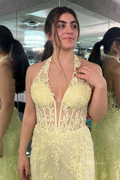 Halter V-neck Sheath Lace Prom Dresses Long with Slit FD1250N-prom dresses 2025 -Viniodress-Hot Pink-Custom Size-
