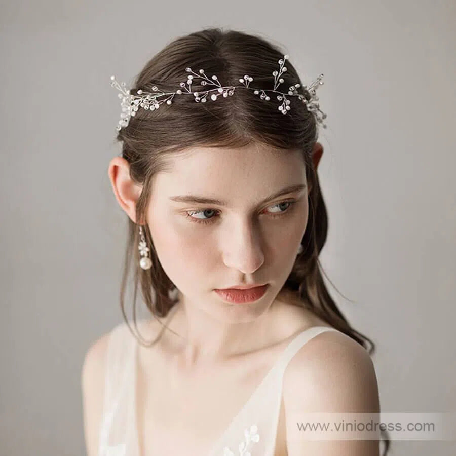 Hand-wired Silver Sprig Headband with Crystals ACC1100-Headpieces-Viniodress-Silver-Viniodress