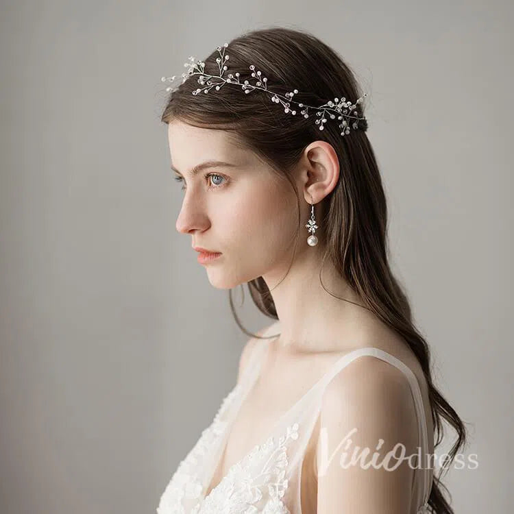 Hand-wired Silver Sprig Headband with Crystals ACC1100-Headpieces-Viniodress-Silver-Viniodress