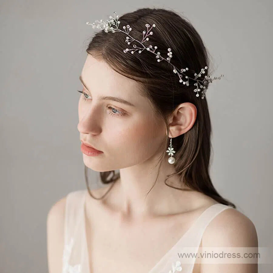 Hand-wired Silver Sprig Headband with Crystals ACC1100-Headpieces-Viniodress-Silver-Viniodress