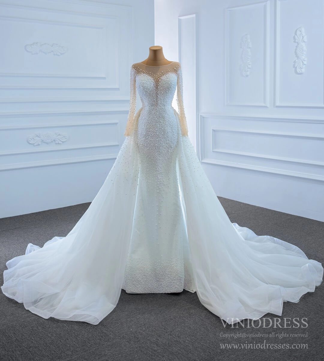 Haute Couture Beaded Pearls Wedding Dresses with Long Sleeves VW1783-wedding dresses 2025 -Viniodress-Ivory-Custom Size-