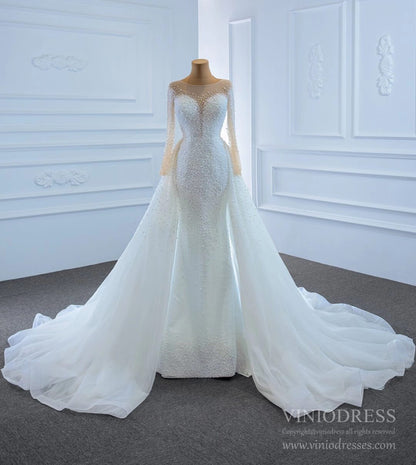 Haute Couture Beaded Pearls Wedding Dresses with Long Sleeves VW1783-wedding dresses 2025 -Viniodress-Ivory-Custom Size-