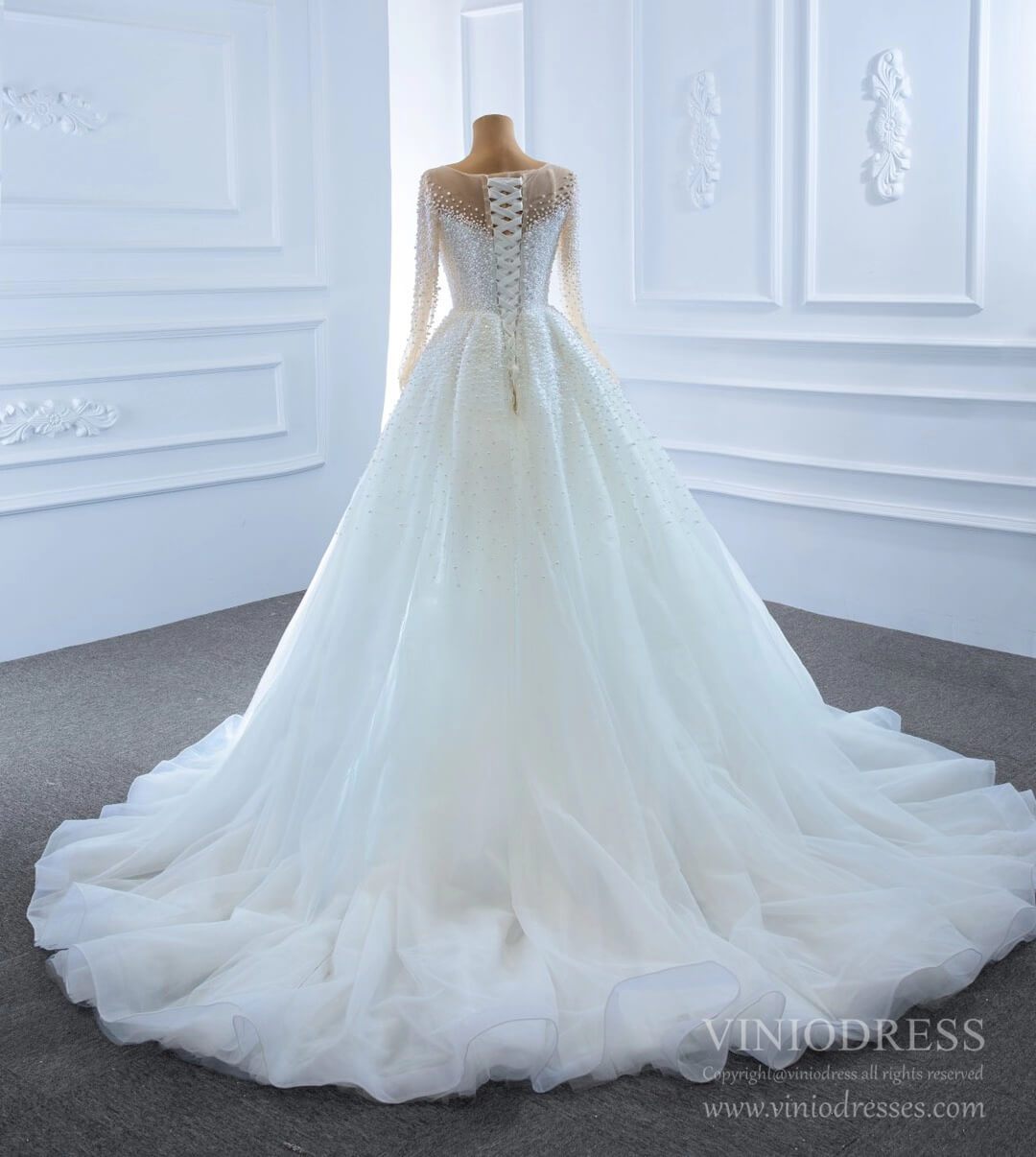 Haute Couture Beaded Pearls Wedding Dresses with Long Sleeves VW1783-wedding dresses 2025 -Viniodress-Ivory-Custom Size-