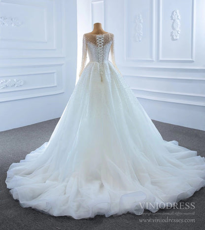 Haute Couture Beaded Pearls Wedding Dresses with Long Sleeves VW1783-wedding dresses 2025 -Viniodress-Ivory-Custom Size-