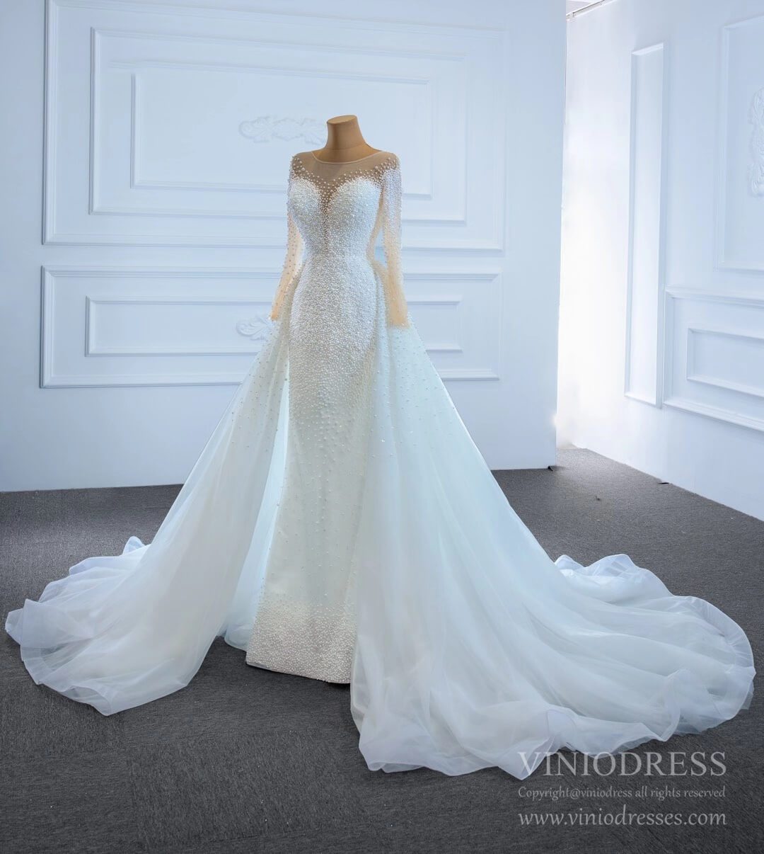 Haute Couture Beaded Pearls Wedding Dresses with Long Sleeves VW1783-wedding dresses 2025 -Viniodress-Ivory-Custom Size-