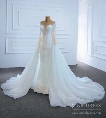 Haute Couture Beaded Pearls Wedding Dresses with Long Sleeves VW1783-wedding dresses 2025 -Viniodress-Ivory-Custom Size-