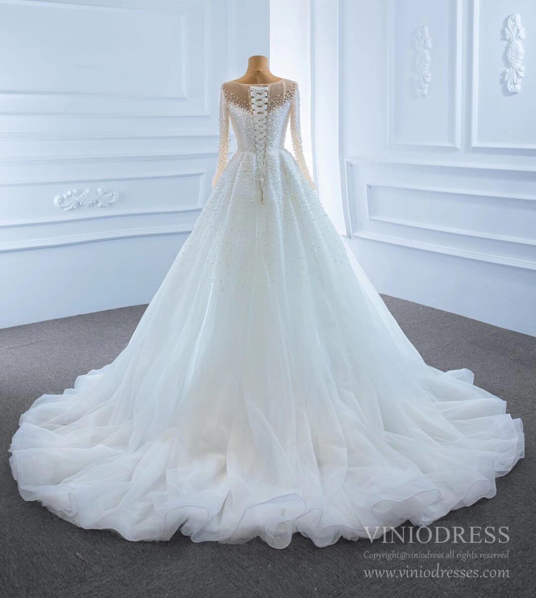 Haute Couture Beaded Pearls Wedding Dresses with Long Sleeves VW1783-wedding dresses 2025 -Viniodress-Ivory-Custom Size-