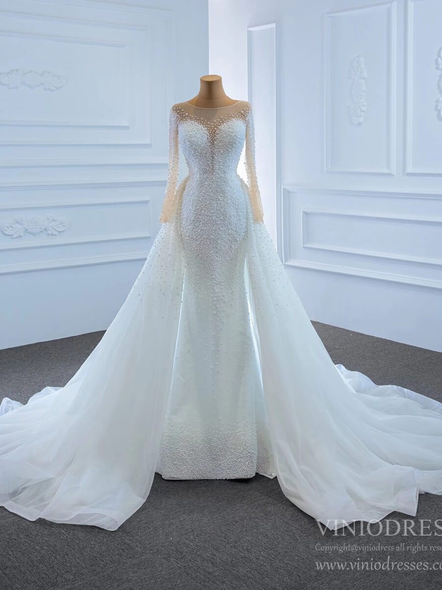 Haute Couture Beaded Pearls Wedding Dresses with Long Sleeves VW1783-wedding dresses 2025 -Viniodress-Ivory-Custom Size-