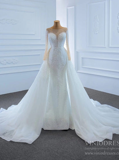 Haute Couture Beaded Pearls Wedding Dresses with Long Sleeves VW1783-wedding dresses 2025 -Viniodress-Ivory-Custom Size-