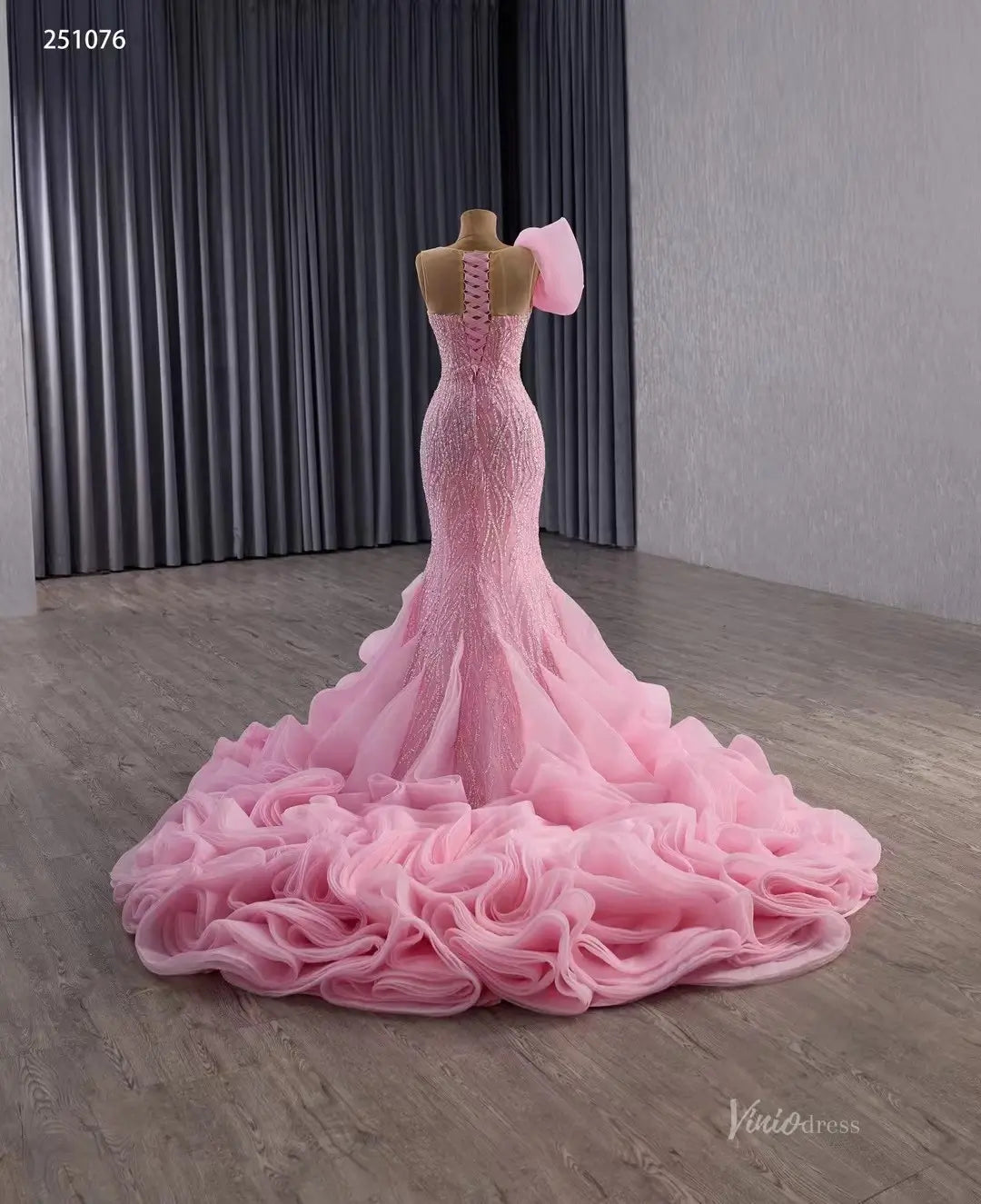 Haute Couture Pink Mermaid Wedding Dress with Beaded Bodice, Ruffled 1 – Viniodress